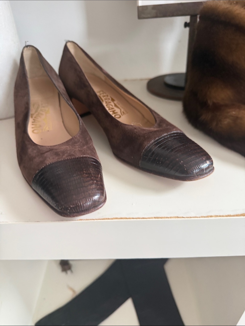 Salvatore Ferragamo Brown Suede Loafers with Dark Brown leather embossed Cap Toe